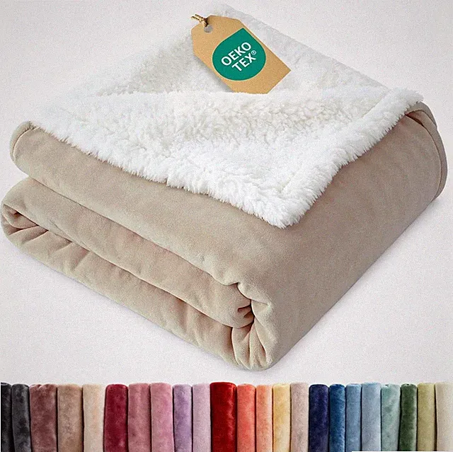 Sherpa Fleece Blanket Queen Size - Reversible (90" x 90"), 03 - Cream